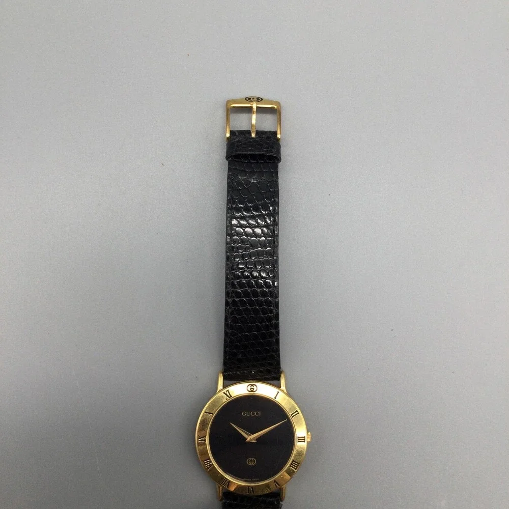 Gucci Black Dial Gold-Tone Roman Numeral Leather Strap Watch - Picture 10 of 14